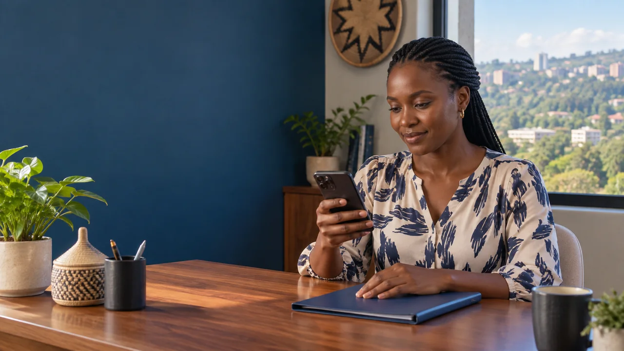 Ishusho y’urugero y’umugore ukoresha telefone ye mu ibanga, arinda amakuru ye.